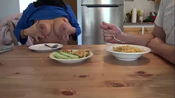 hot algerian milf shows her boobs and lets her stepson fuck her during breakfast